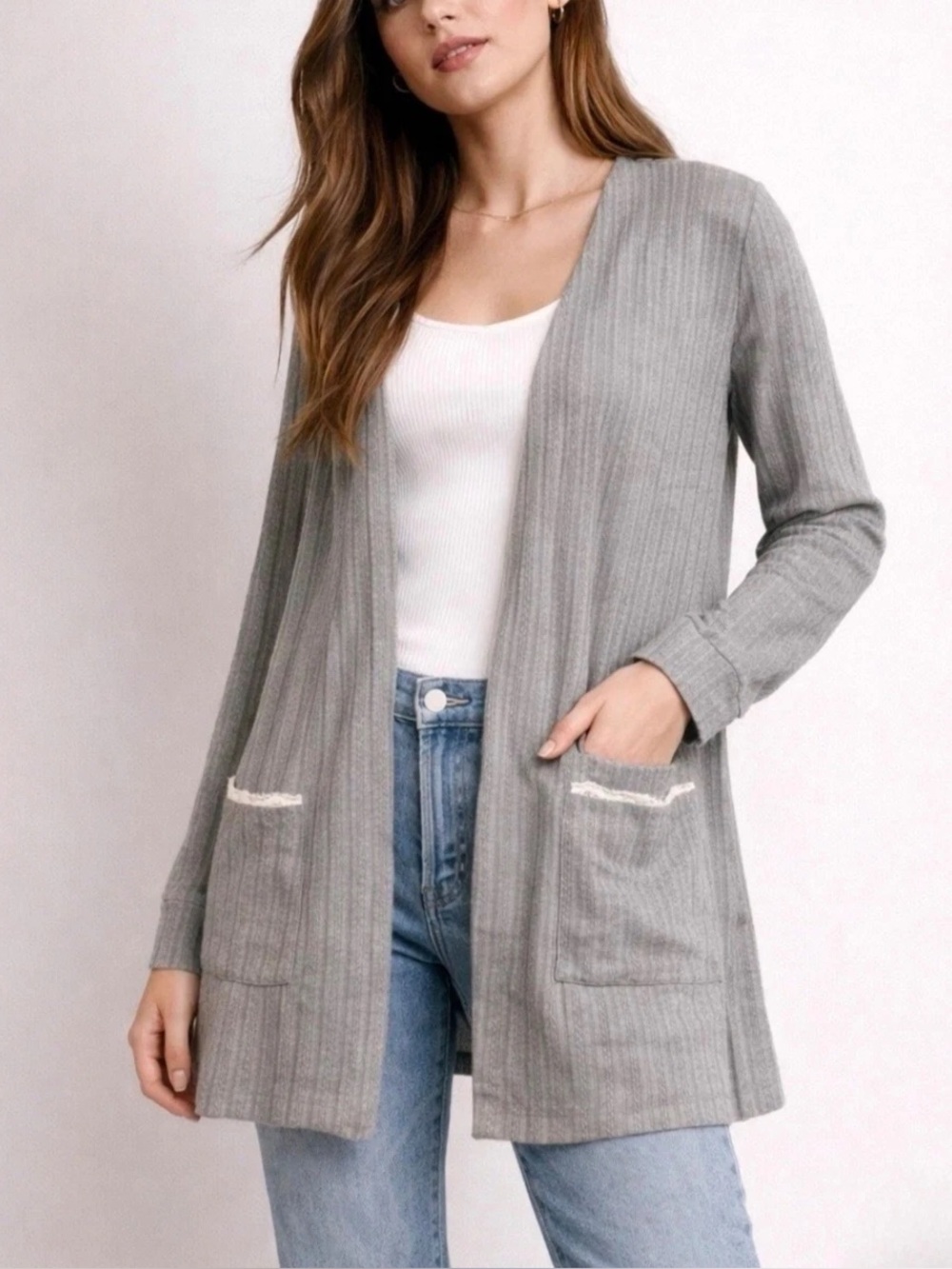 Blu Pepper Gray Ribbed Open Front Cardigan with Lace Trim Pockets, Size S NWT